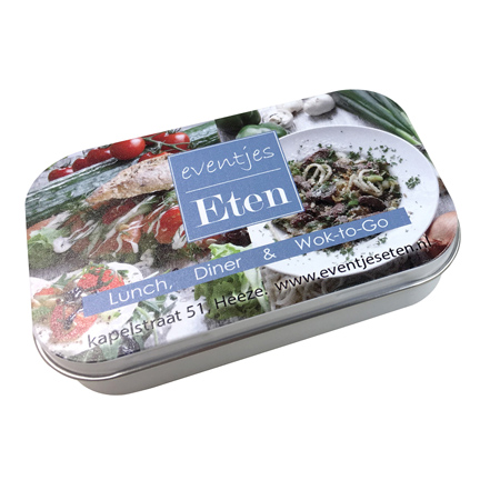 Pepermuntblik met logodeksel als promotiemiddel